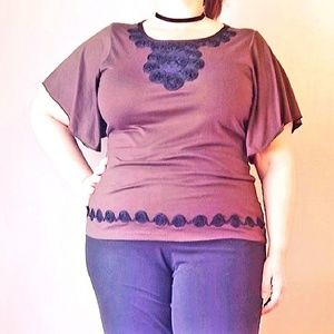 Brown Butterfly Sleeve Top with Black Roses